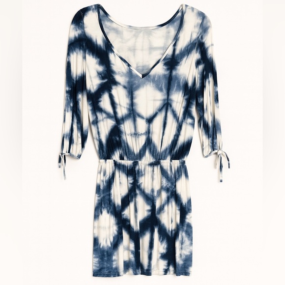 Venus Tie-Dye V-Neck Mini Dress Beach Coverup Blue White Bohemian Style XS - Picture 1 of 7